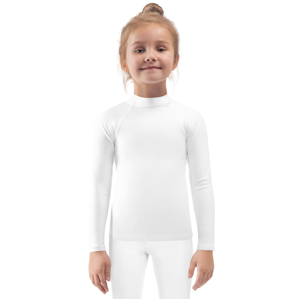 Kids white long sleeve rash guard swim shirt with UPF 50 plus high neck for sun protection and water activities