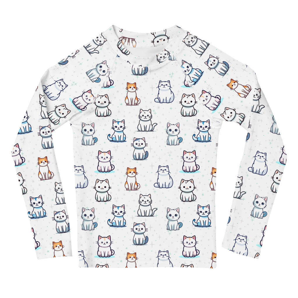 Girls Cat Pattern Long Sleeve Rash Guard Swim Shirt With UPF 50+