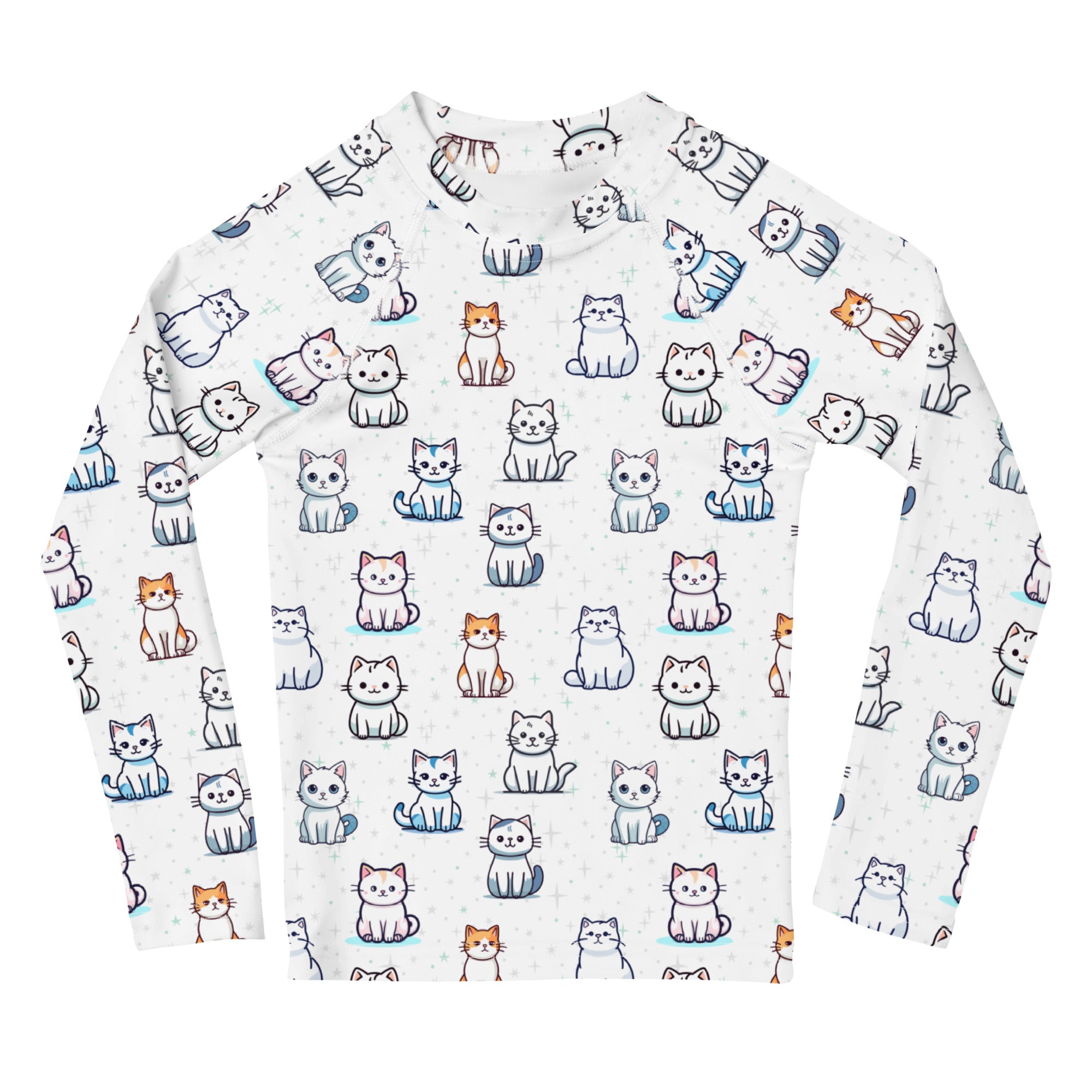 Girls Cat Pattern Long Sleeve Rash Guard Swim Shirt With UPF 50+