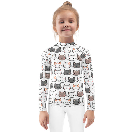 White girls long sleeve rash guard swim shirt with upf 50 plus featuring colorful cartoon cat face pattern