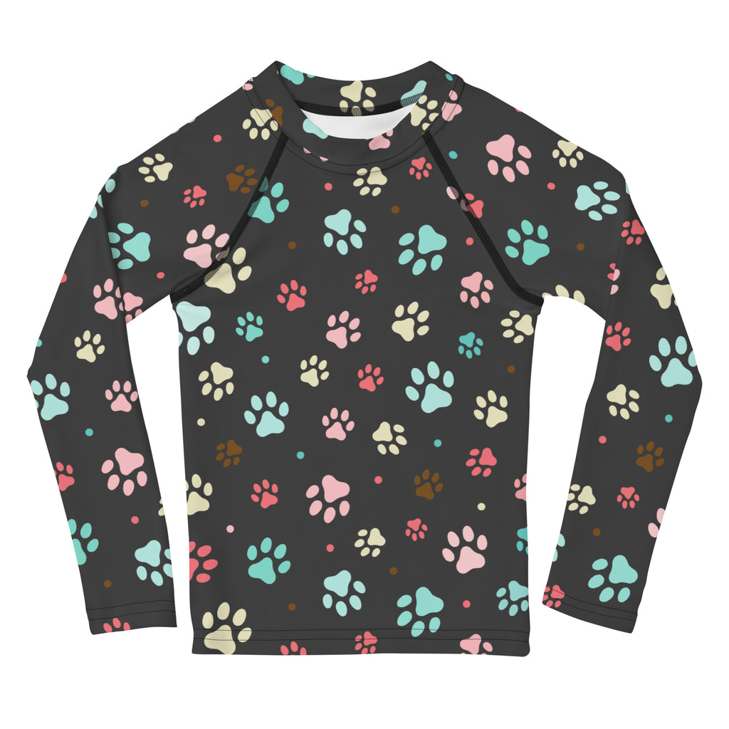 Kids Paw Print Long Sleeve Rash Guard Swim Shirt With UPF 50+