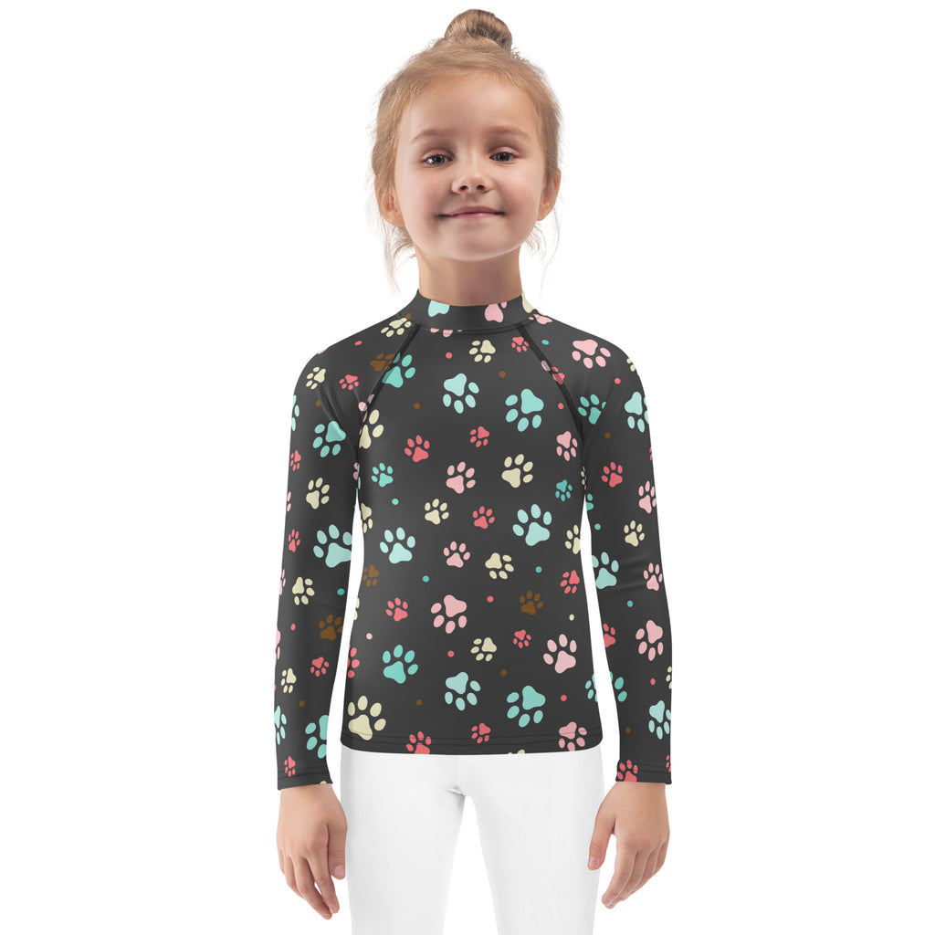 Kids Paw Print Long Sleeve Rash Guard Swim Shirt With UPF 50+