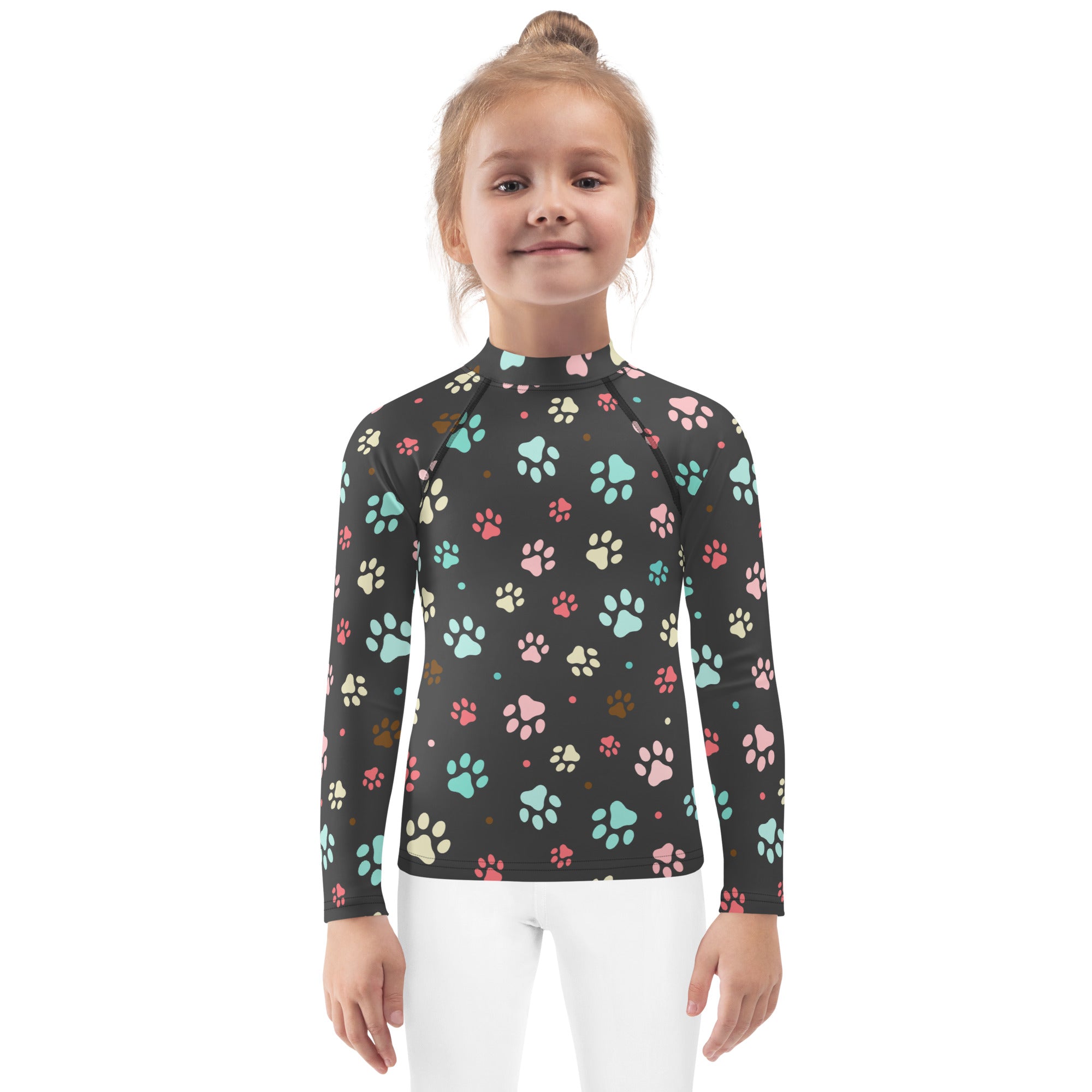 Kids Paw Print Long Sleeve Rash Guard Swim Shirt With UPF 50+