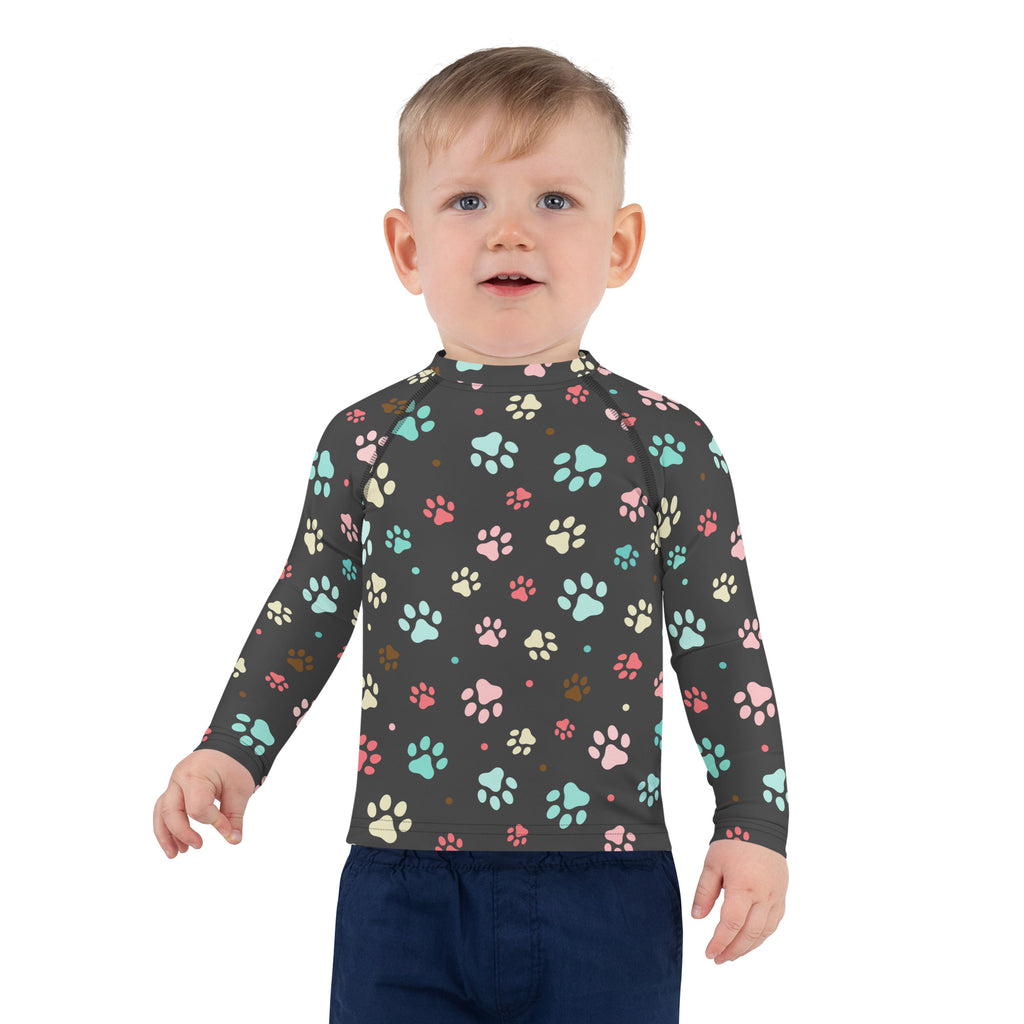Kids Paw Print Long Sleeve Rash Guard Swim Shirt With UPF 50+