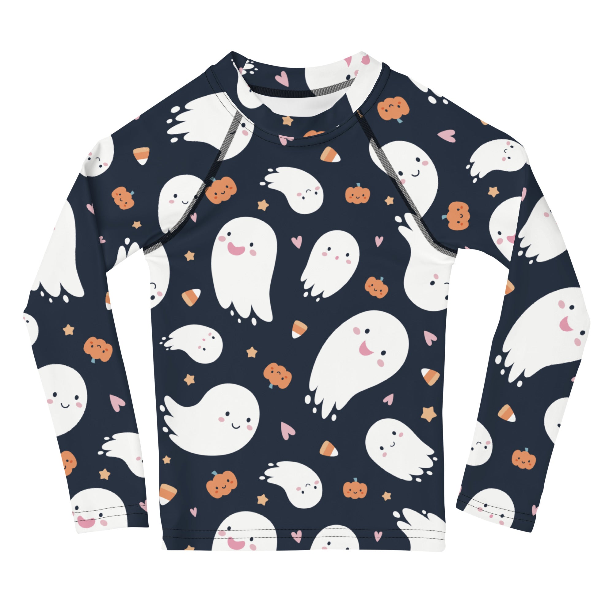 Kids ghost Halloween rash guard featuring a navy blue long sleeve with white ghosts orange pumpkins and candy corn pattern