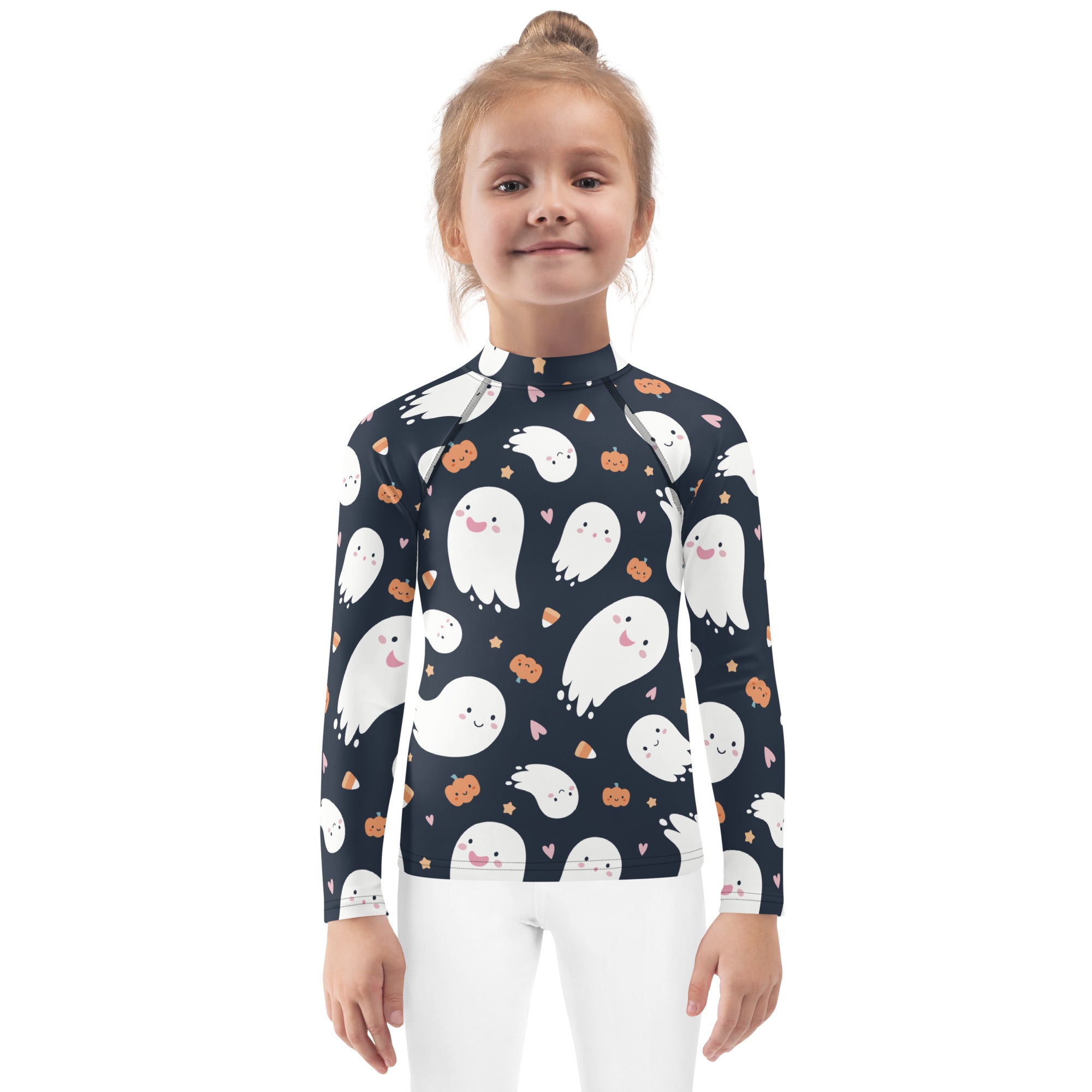 Kids ghost Halloween rash guard in navy blue with white ghosts orange pumpkins and pink hearts pattern on long sleeves