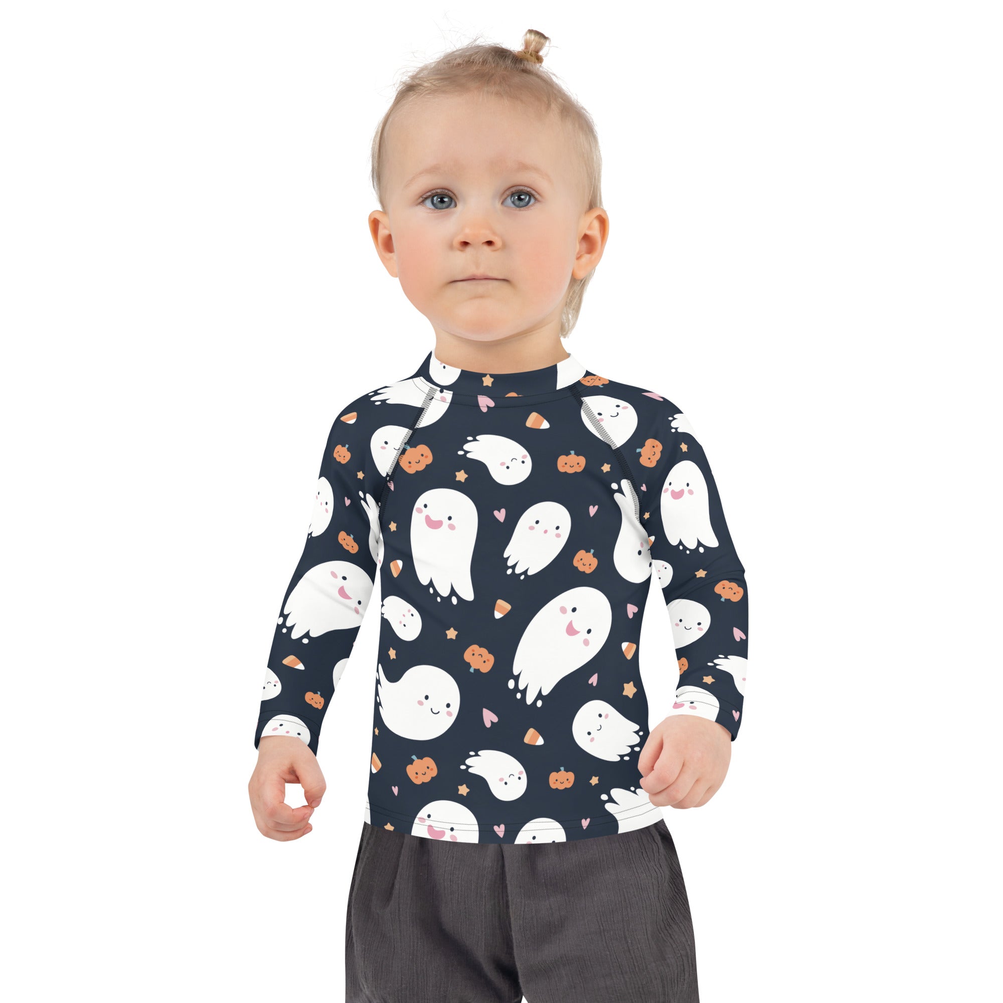 Navy blue kids ghost halloween rash guard with long sleeves and playful white ghosts orange pumpkins pink hearts pattern