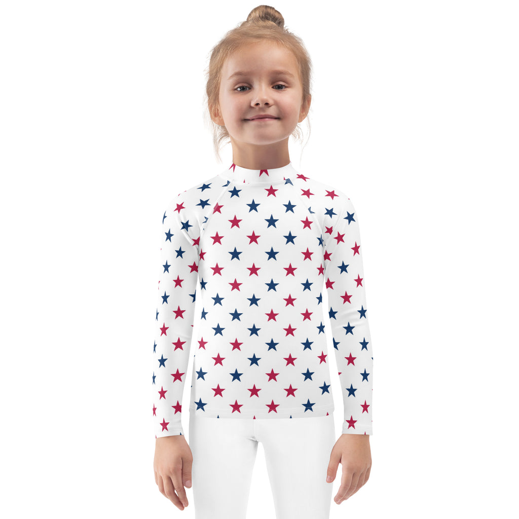 White long sleeve rash guard swim shirt with red and blue stars usa themed and upf 50 plus protection
