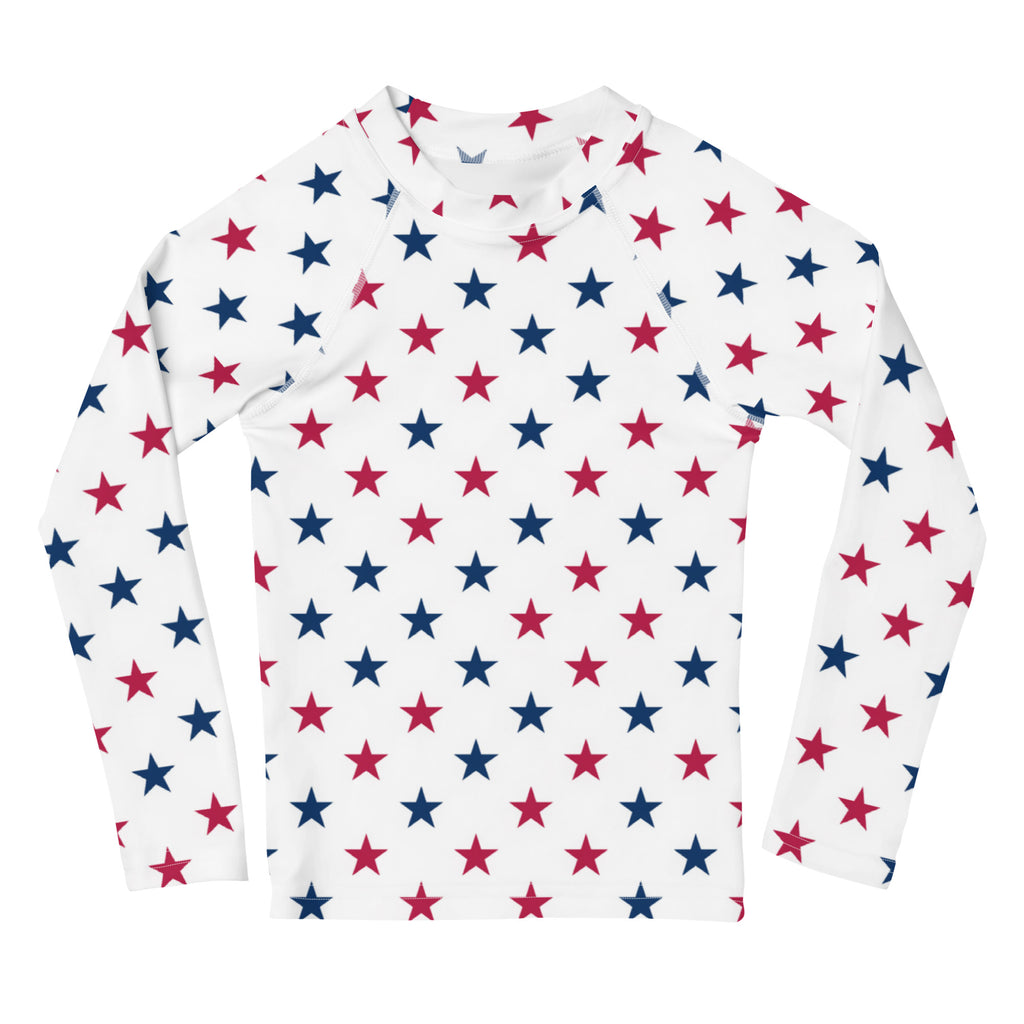 White long sleeve rash guard with red and navy blue stars pattern kids usa themed swim shirt with upf 50+