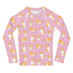 Girls Pink Corgi Long Sleeve Rash Guard Swim Shirt With UPF 50+