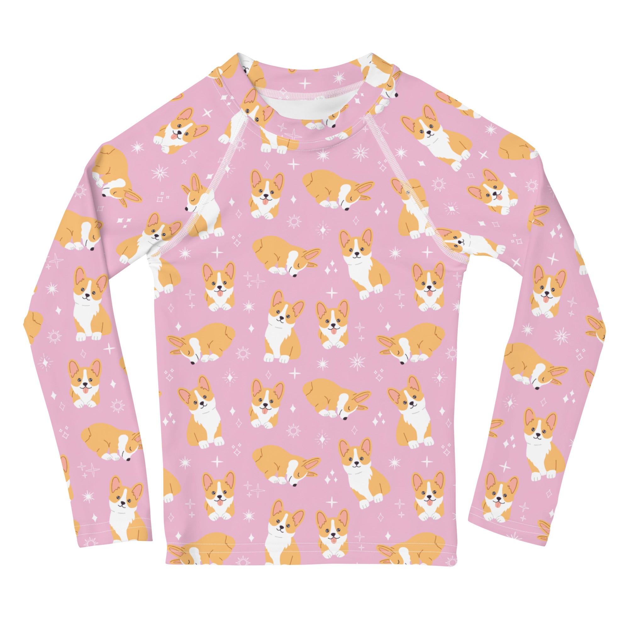 Girls Pink Corgi Long Sleeve Rash Guard Swim Shirt With UPF 50+