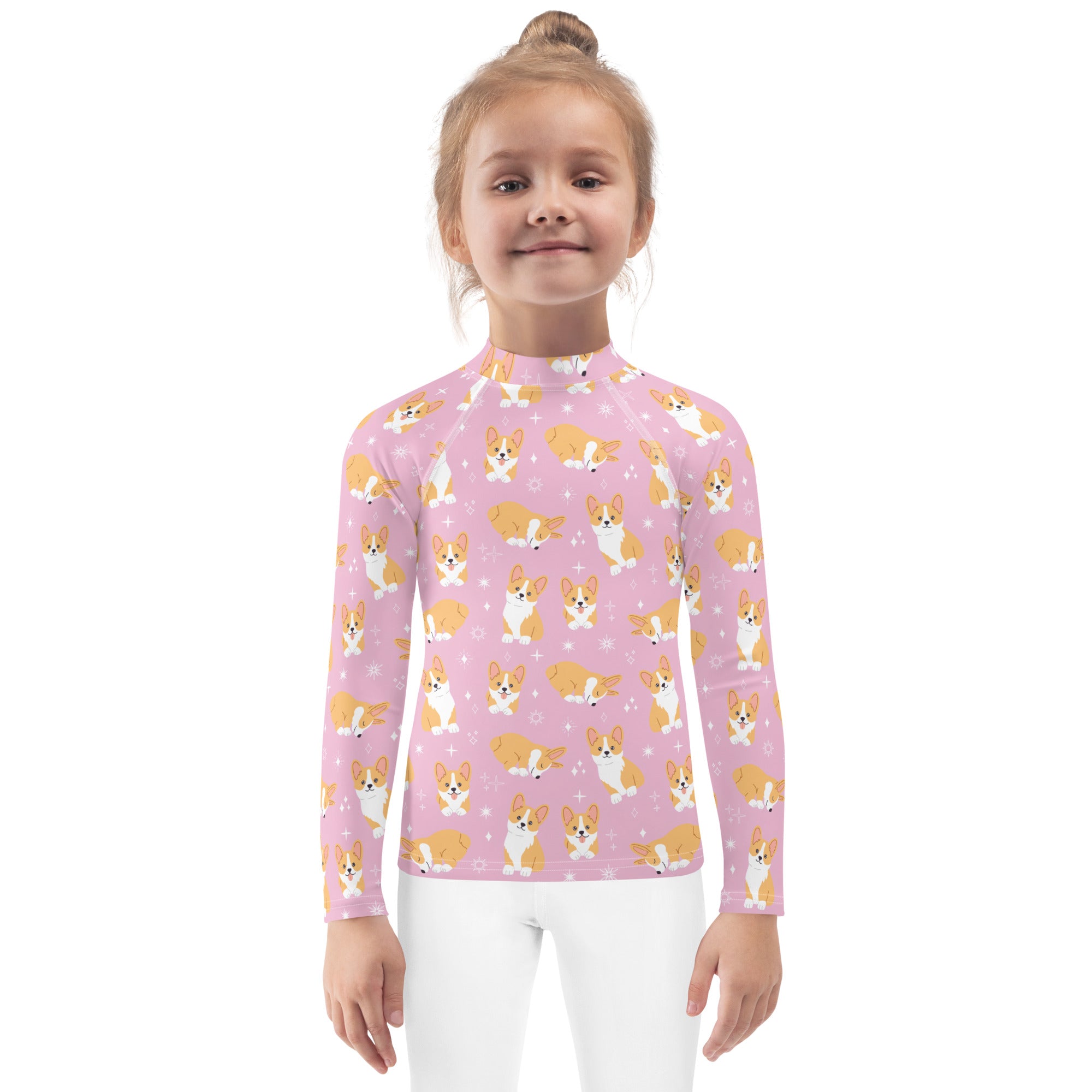 Girls Pink Corgi Long Sleeve Rash Guard Swim Shirt With UPF 50+