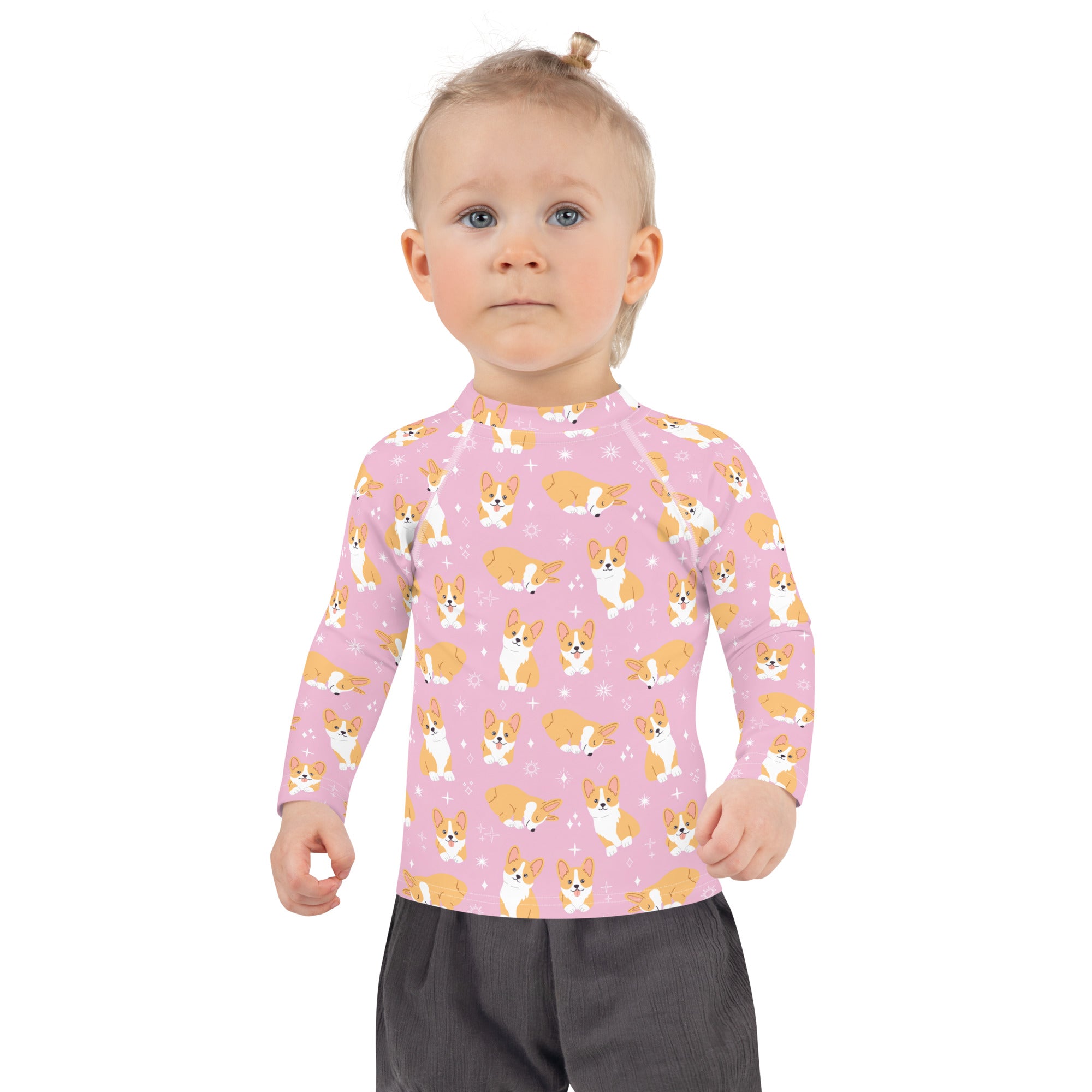 Girls Pink Corgi Long Sleeve Rash Guard Swim Shirt With UPF 50+