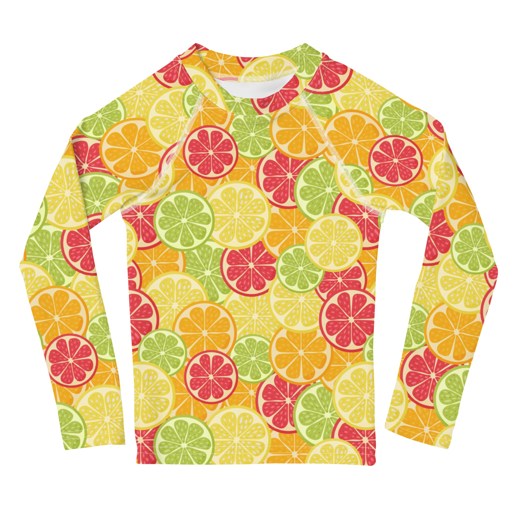 Kids citrus fruit long sleeve rash guard swim shirt with upf 50 plus featuring a vibrant sliced citrus pattern in yellow green and pink
