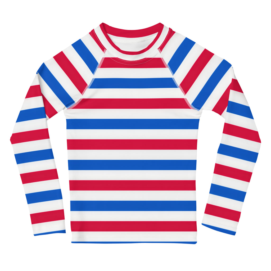 Kids Red, White & Blue USA Striped Long Sleeve Rash Guard Swim Shirt With UPF 50+
