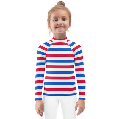 Kids Red, White & Blue USA Striped Long Sleeve Rash Guard Swim Shirt With UPF 50+
