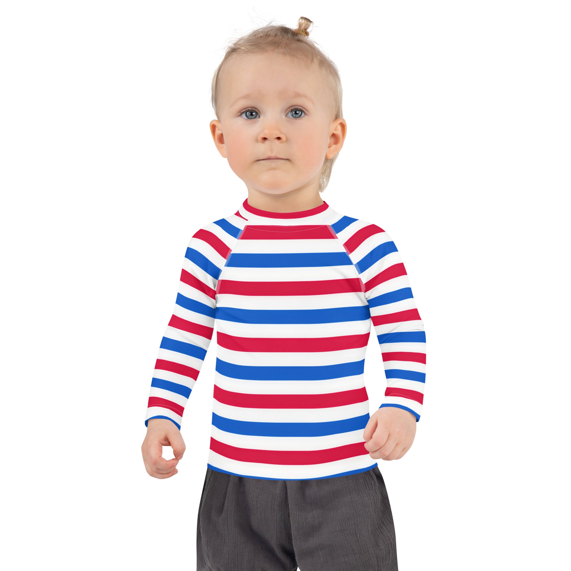 Kids Red, White & Blue USA Striped Long Sleeve Rash Guard Swim Shirt With UPF 50+