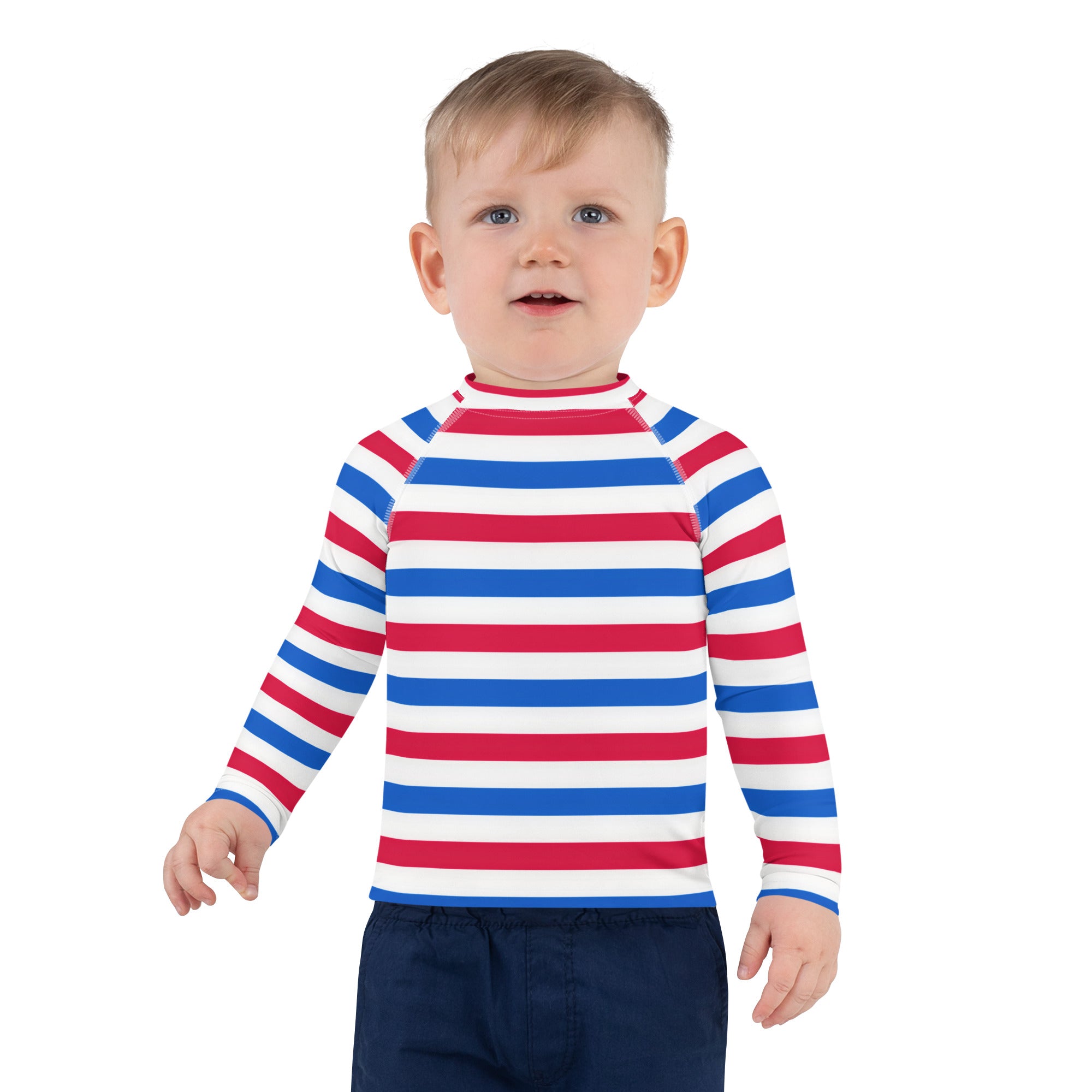 Kids Red, White & Blue USA Striped Long Sleeve Rash Guard Swim Shirt With UPF 50+