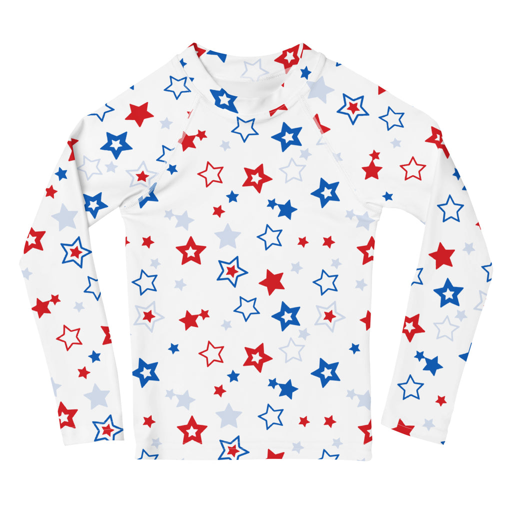 White long sleeve rash guard swim shirt with red white and blue star pattern and upf 50 plus sun protection