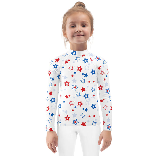 Kids Red, White & Blue Stars USA Long Sleeve Rash Guard Swim Shirt With UPF 50+