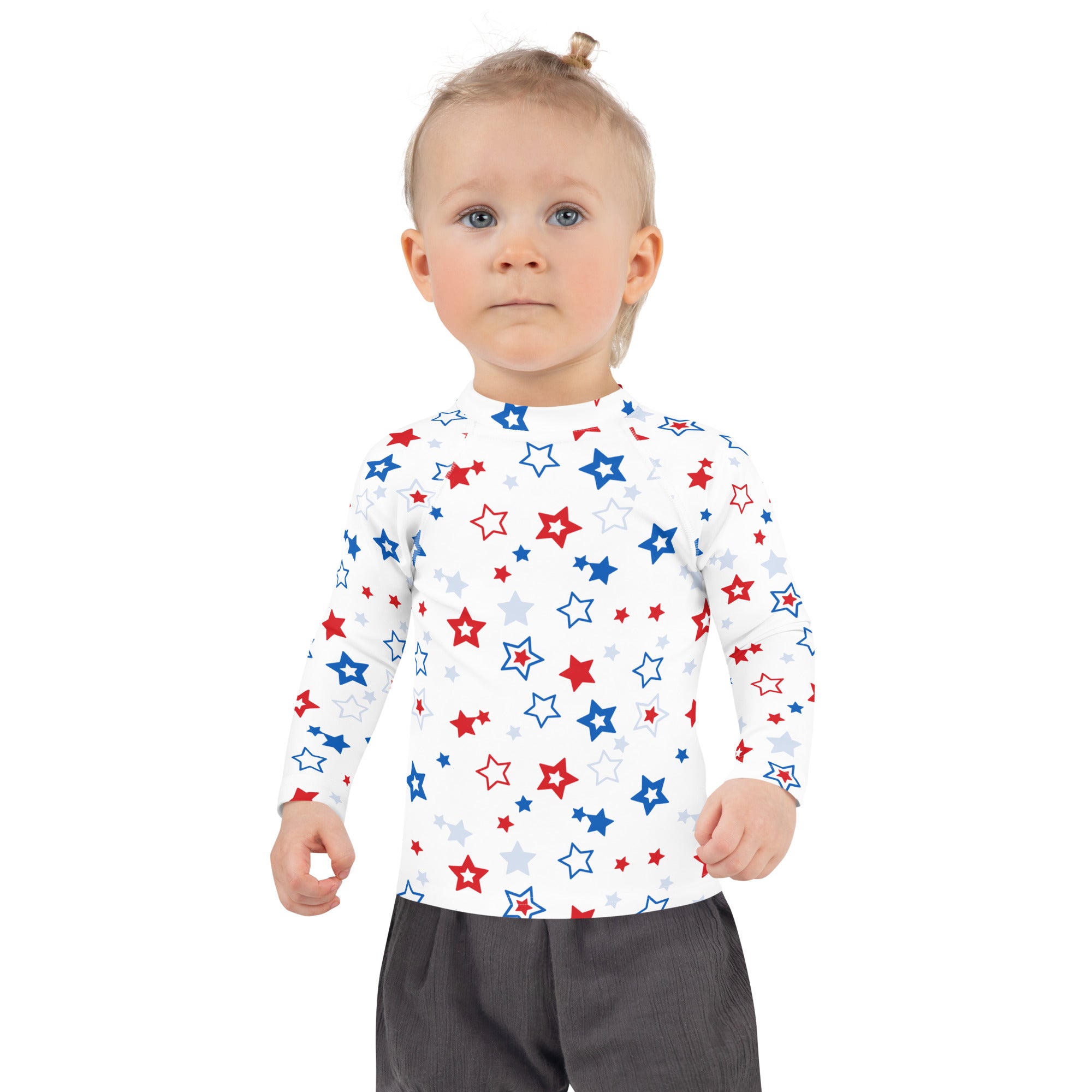 White long sleeve kids rash guard swim shirt with red blue silver stars pattern and upf 50 plus sun protection