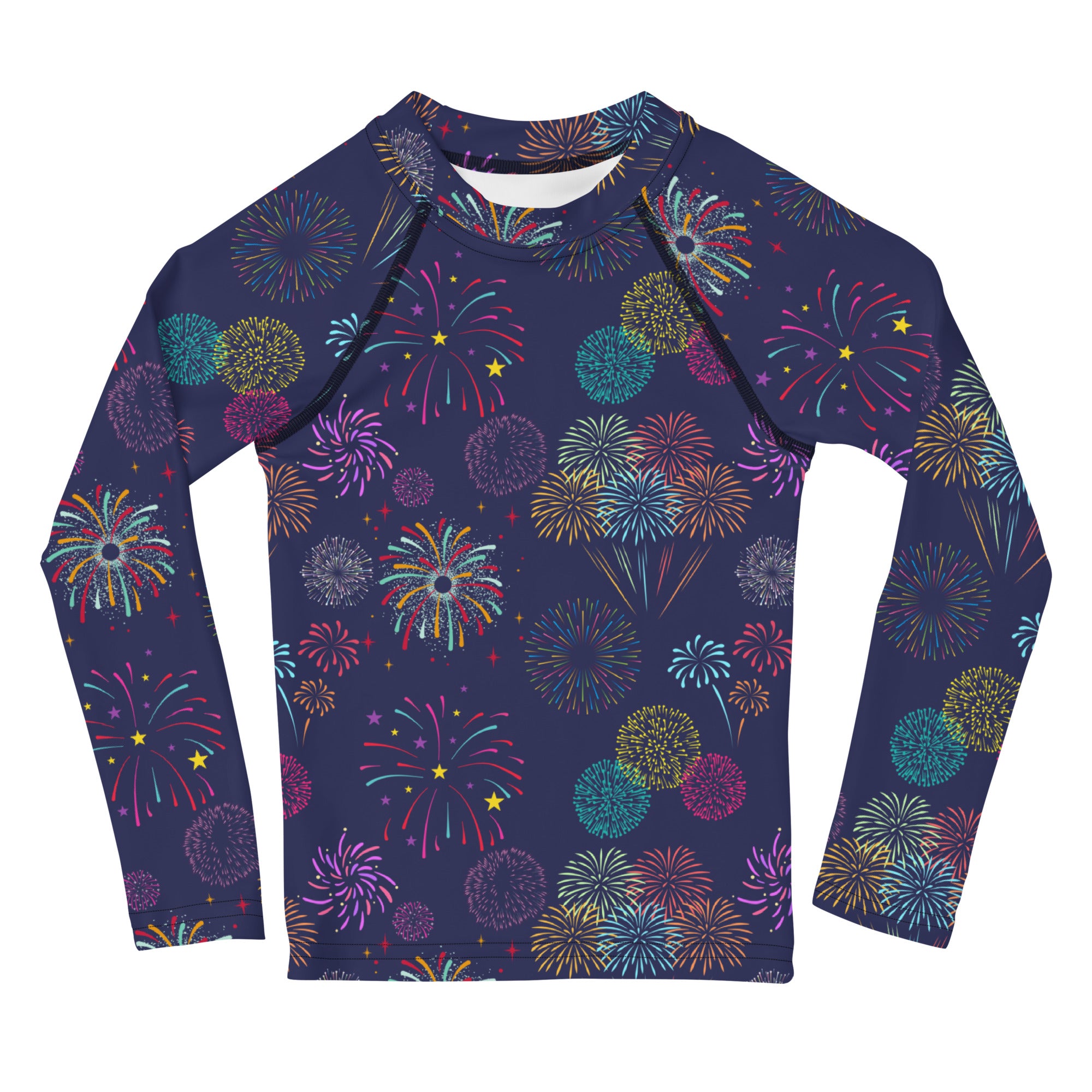 Kids fireworks long sleeve rash guard swim shirt navy blue with colorful fireworks print and UPF 50 plus protection