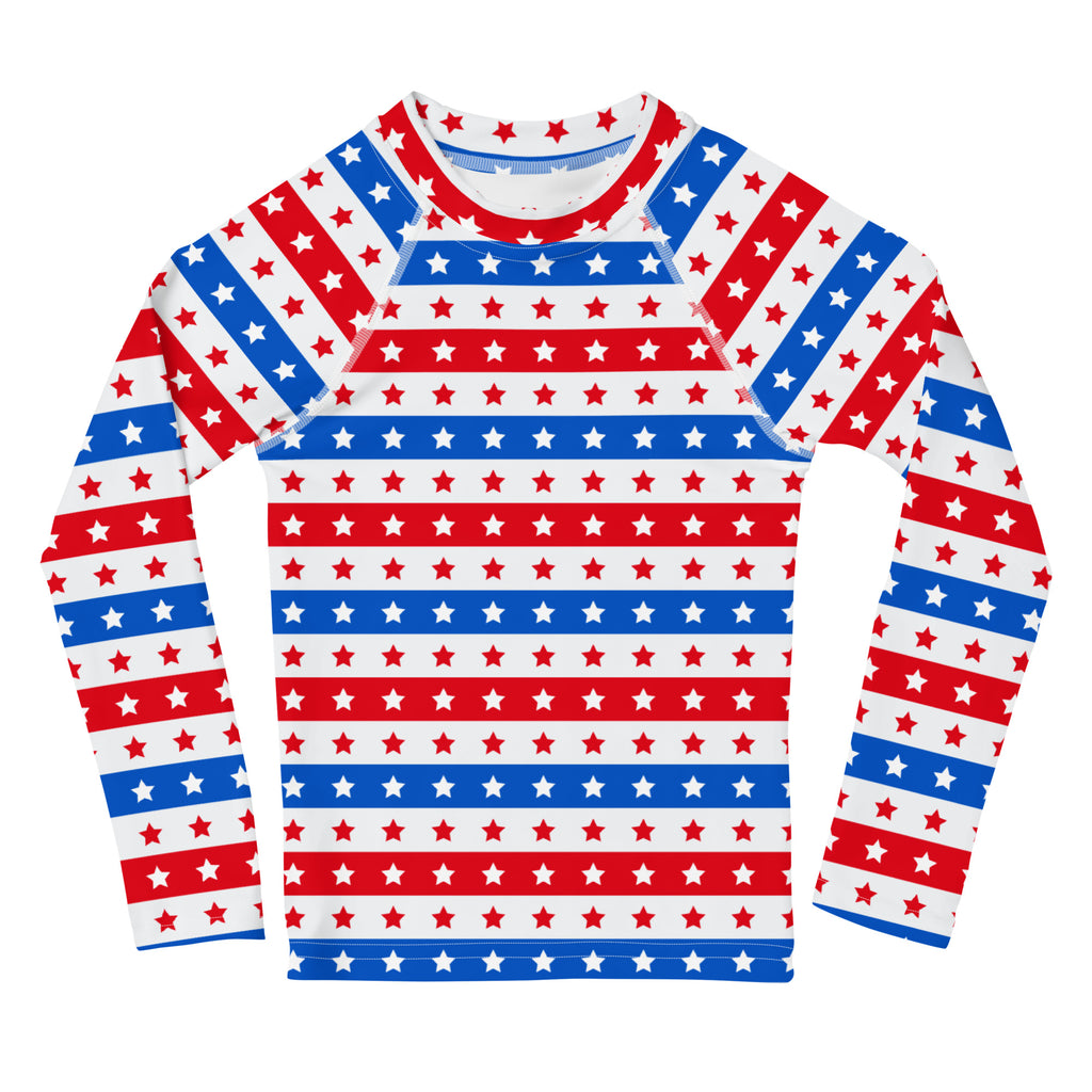 Kids red white and blue stars and stripes usa long sleeve rash guard swim shirt with upf 50 plus protection