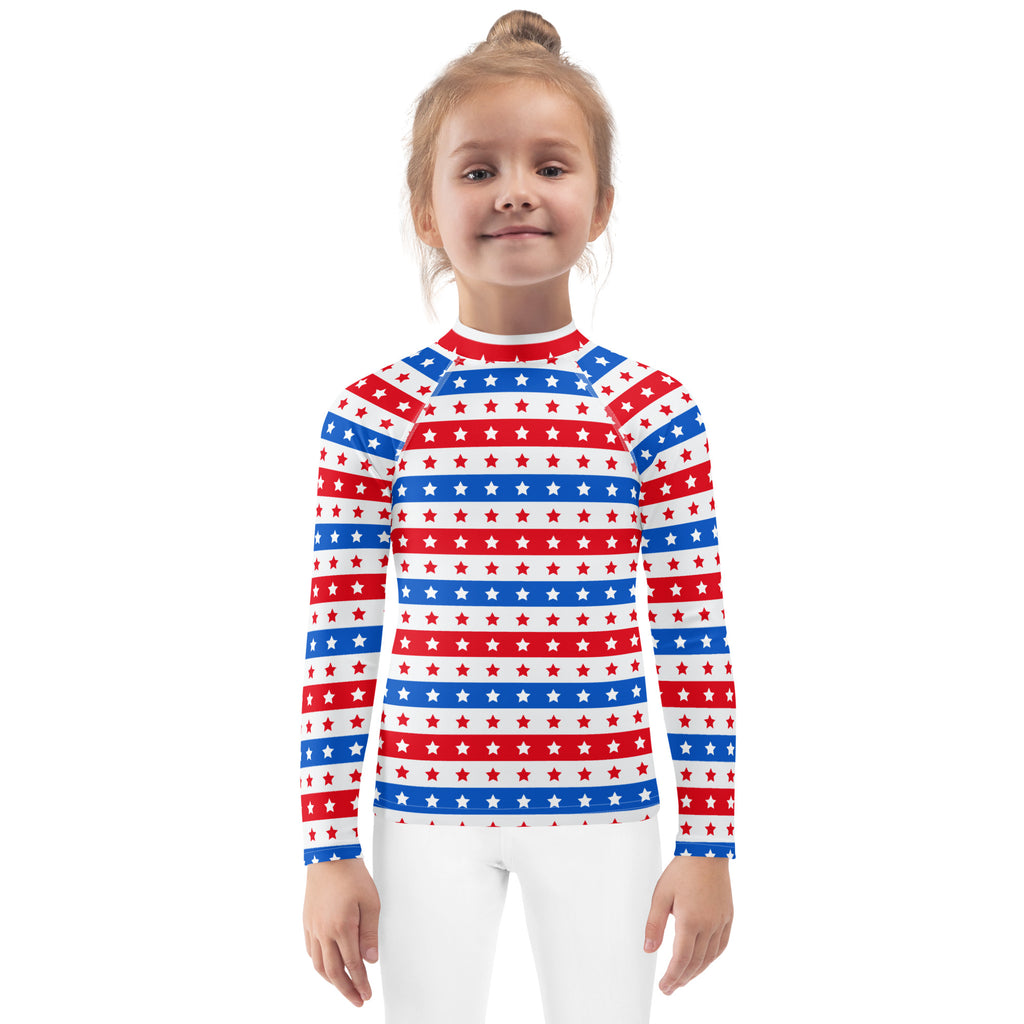 Kids red white and blue stars and stripes long sleeve rash guard swim shirt with UPF 50 plus for sun protection