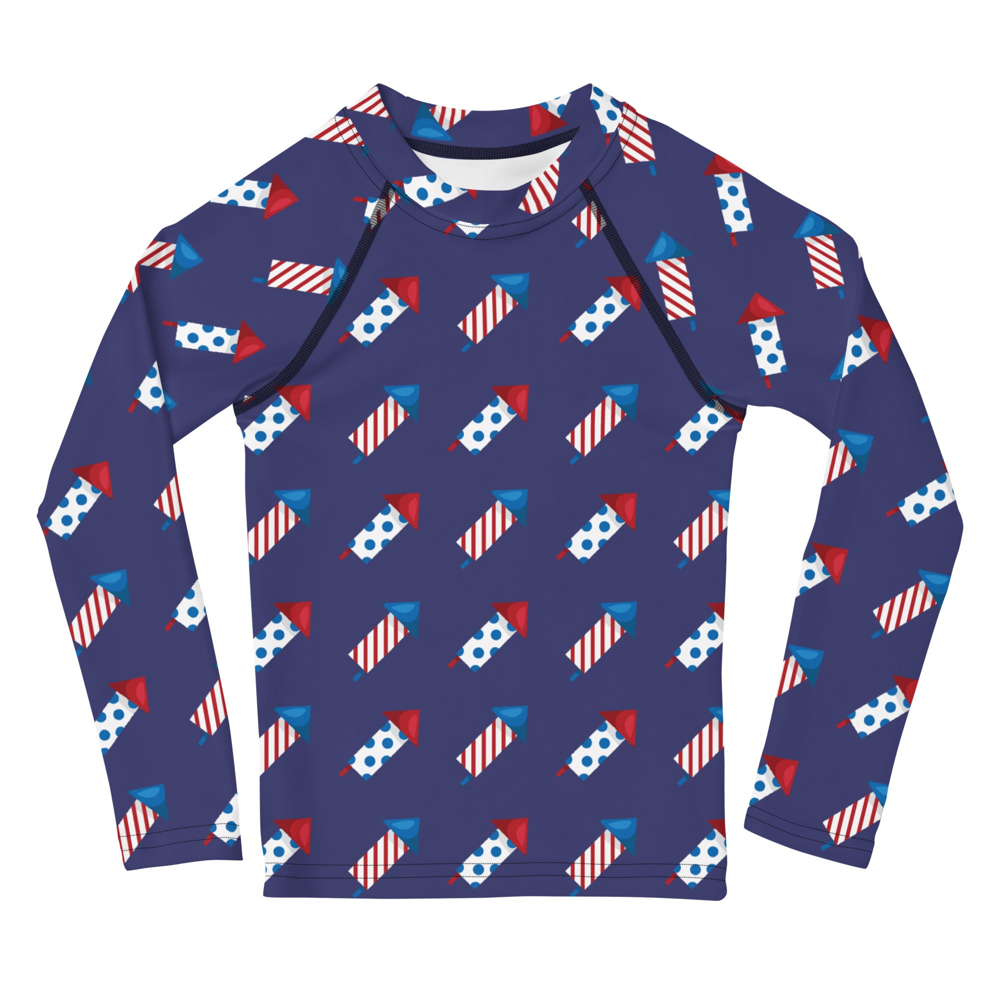 Navy blue kids firework rockets long sleeve rash guard swim shirt with red white and blue fireworks pattern and UPF 50+
