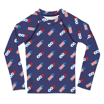 Kids Firework Rockets Long Sleeve Rash Guard Swim Shirt With UPF 50+