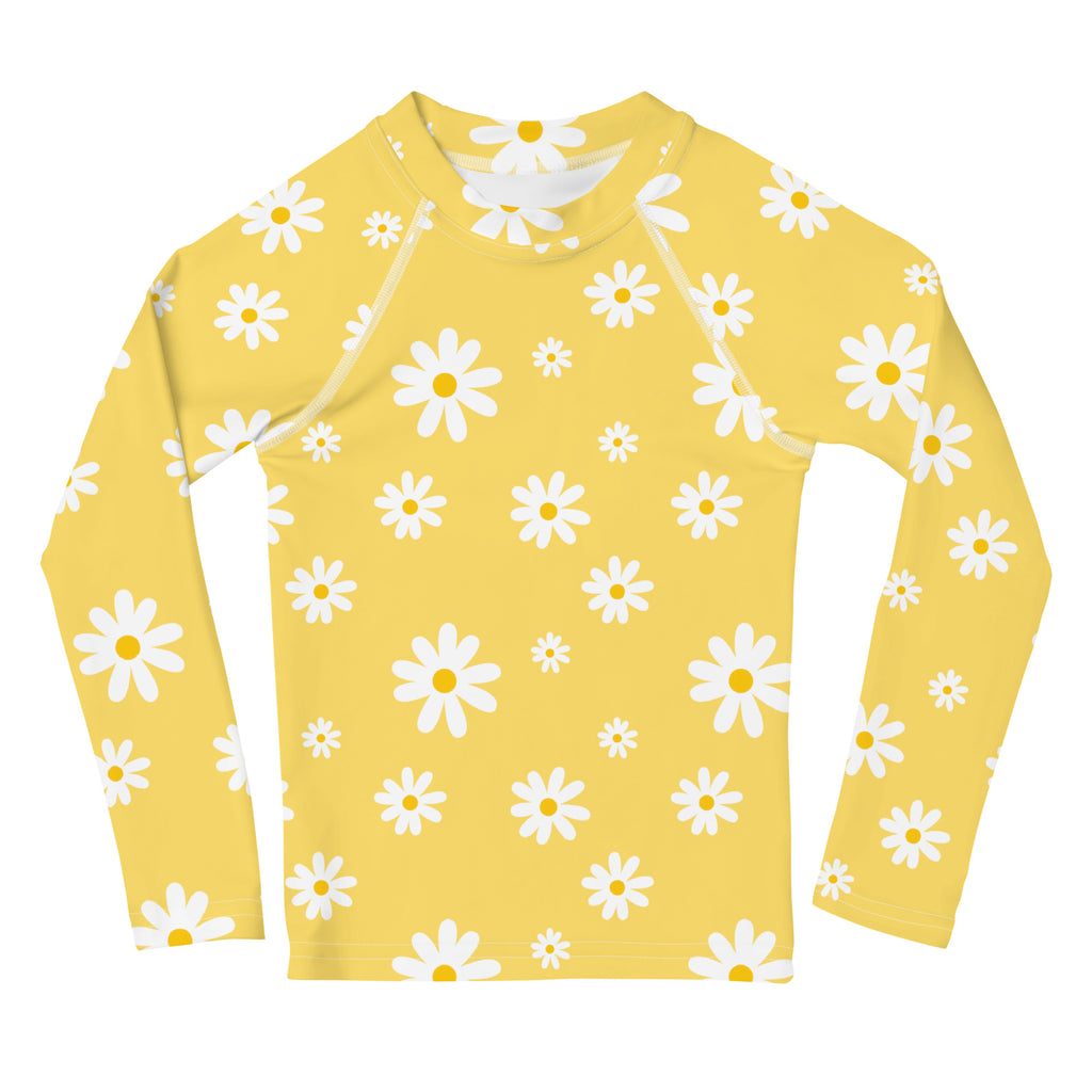 Girls Yellow Daisy Long Sleeve Rash Guard Swim Shirt With UPF 50+