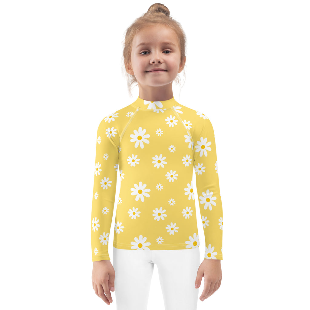 Girls Yellow Daisy Long Sleeve Rash Guard Swim Shirt With UPF 50+