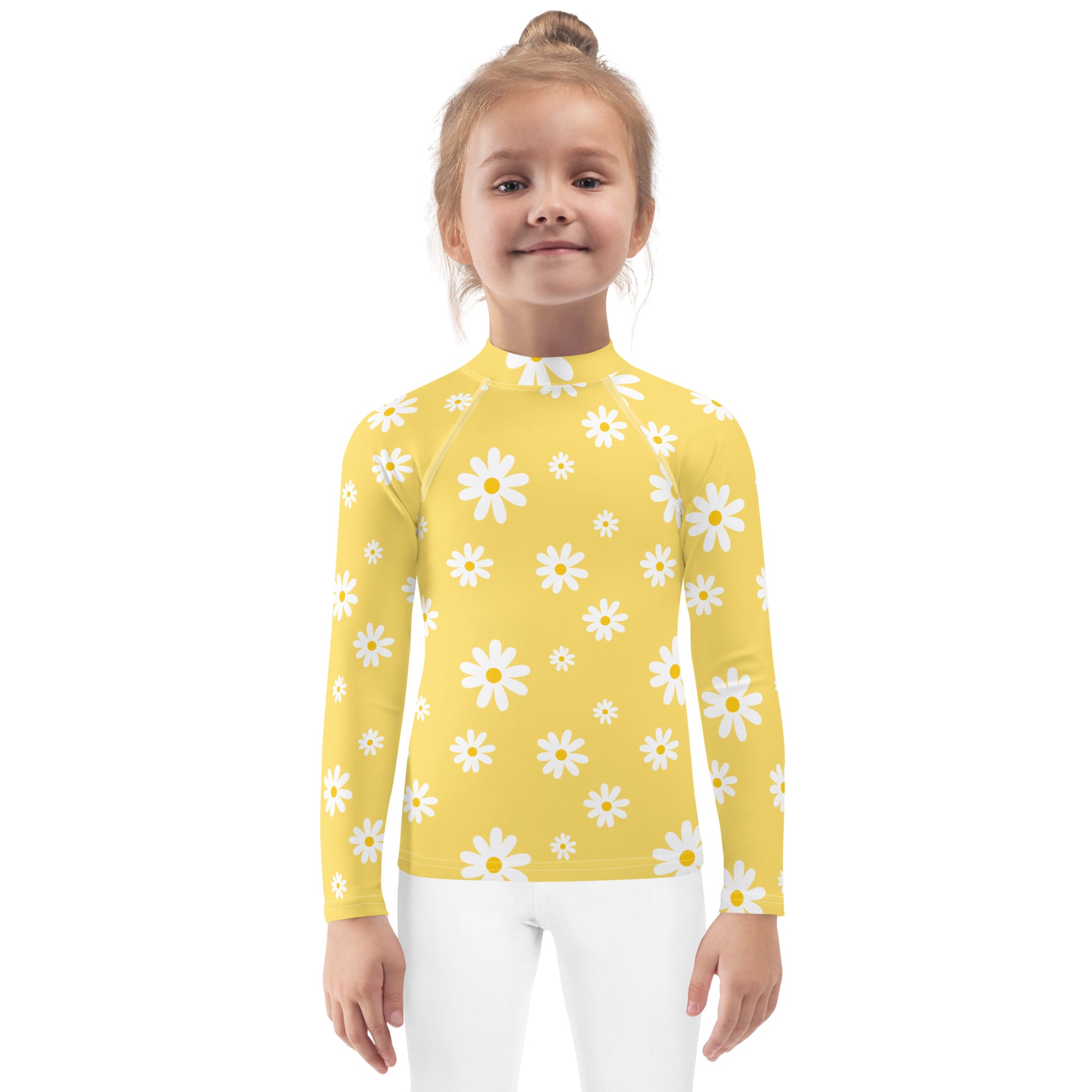 Girls Yellow Daisy Long Sleeve Rash Guard Swim Shirt With UPF 50+