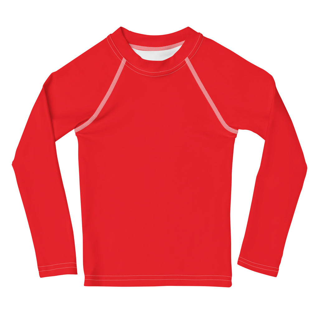 Kids red long sleeve rash guard swim shirt with white contrast stitching and UPF 50 plus sun protection