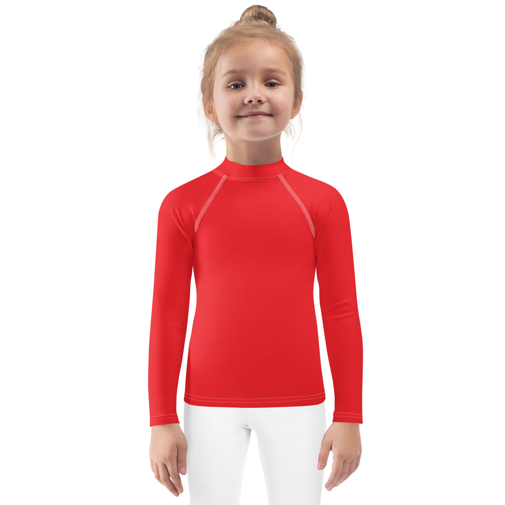 Kids red long sleeve rash guard swim shirt with upf 50 plus made of stretchy fabric for sun protection
