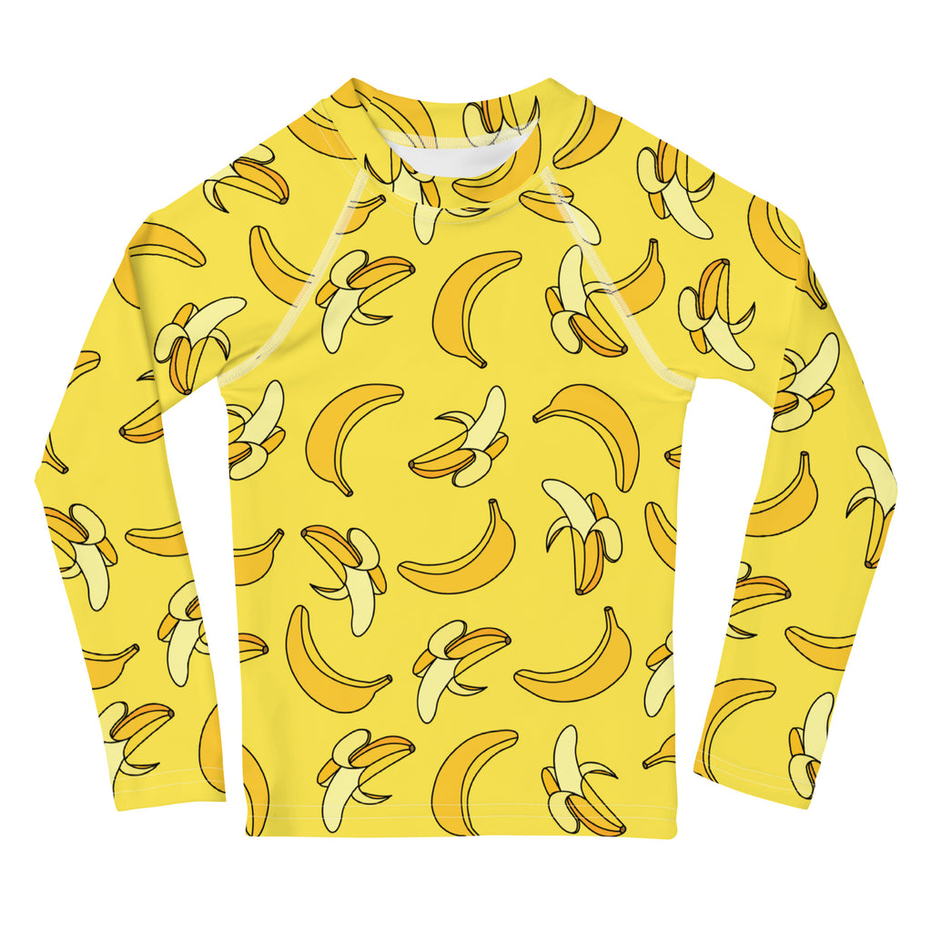 Yellow kids long sleeve rash guard swim shirt with playful banana pattern and upf 50 plus sun protection