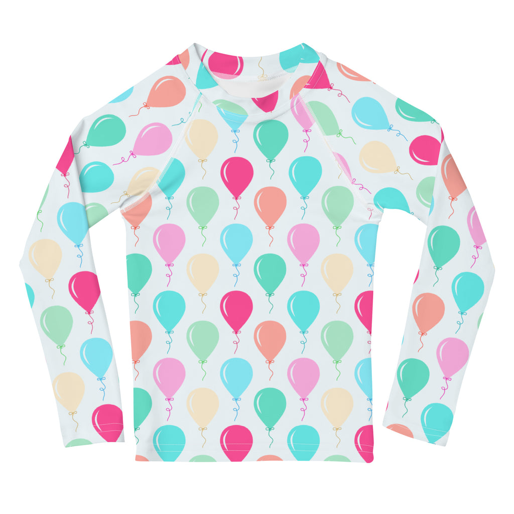 Kids birthday balloons long sleeve rash guard swim shirt with upf 50 plus featuring multicolored balloon pattern on white