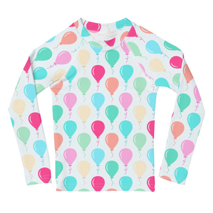 Kids Birthday Balloons Long Sleeve Rash Guard Swim Shirt With UPF 50+