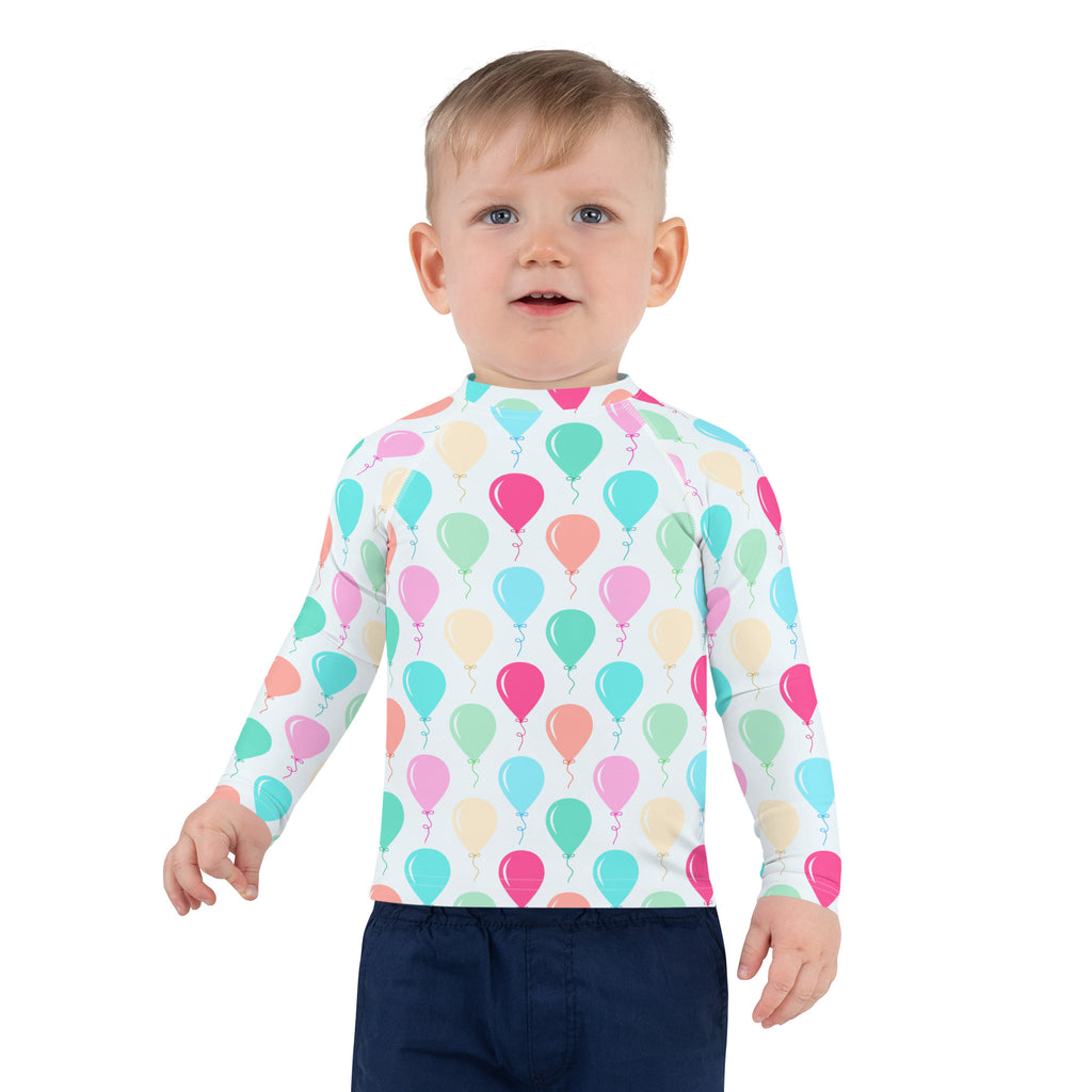 Kids birthday balloons long sleeve rash guard swim shirt with upf 50 plus featuring pastel balloon pattern on white