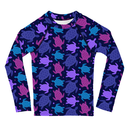 Girls Purple Sea Turtles Long Sleeve Rash Guard Swim Shirt With UPF 50+