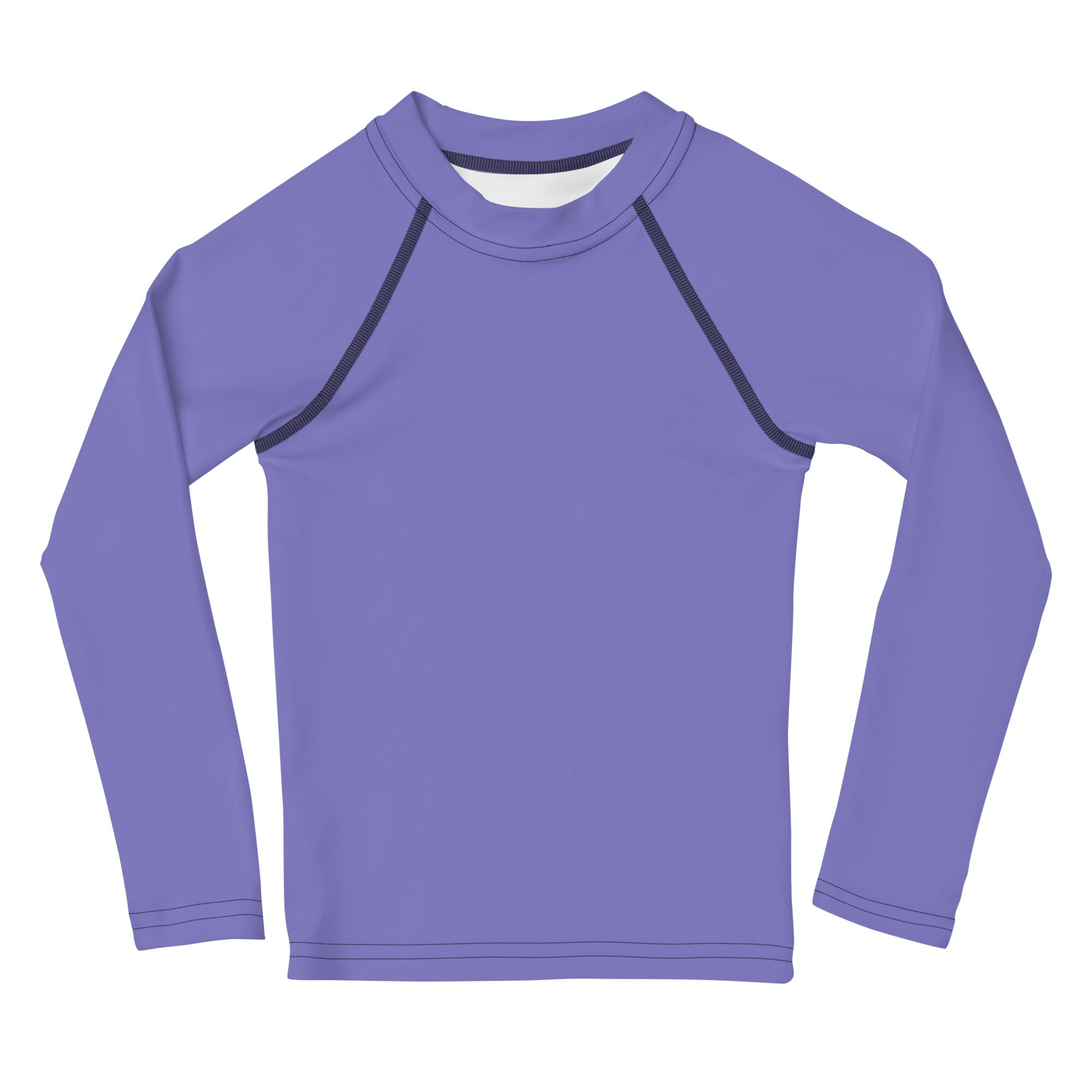 Girls purple long sleeve rash guard swim shirt with upf 50 plus featuring dark blue seam accents