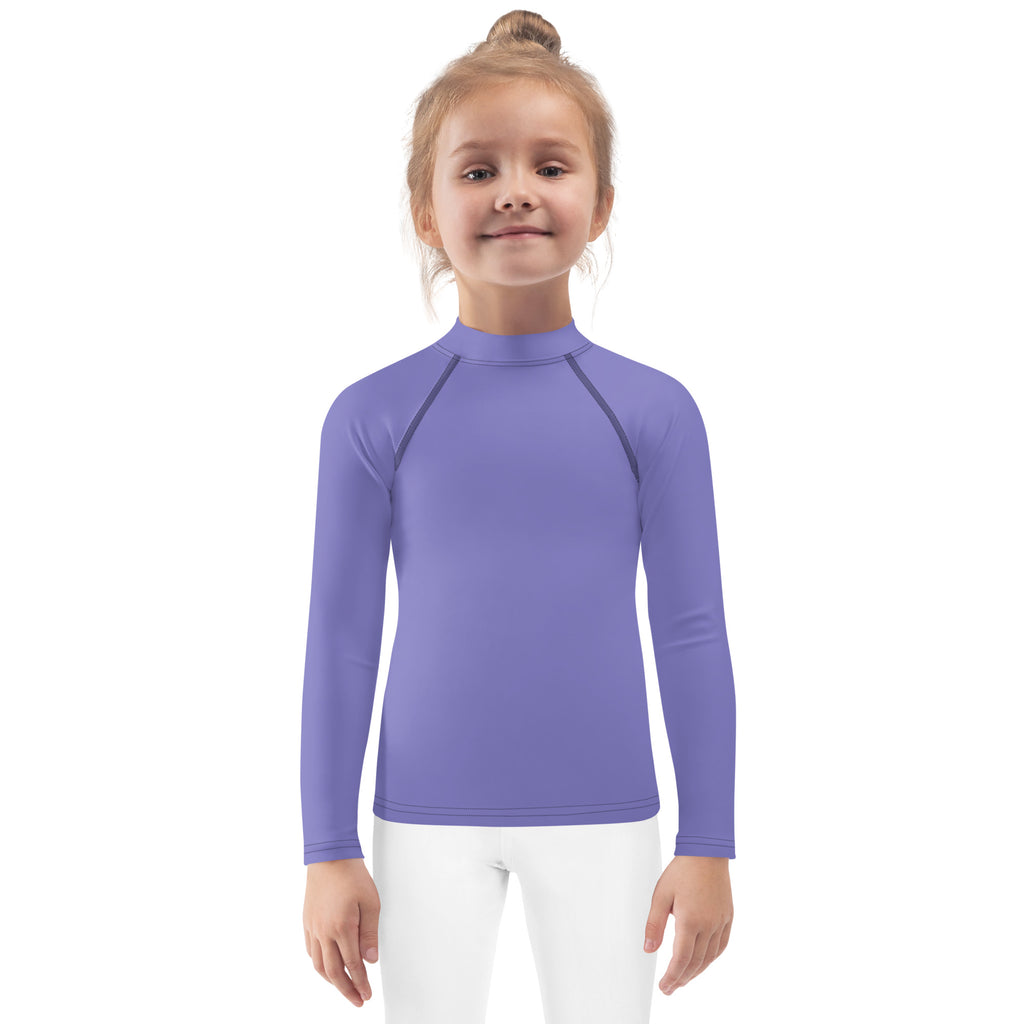 Girls purple long sleeve rash guard swim shirt with upf 50 plus featuring lavender fabric and subtle dark seam detailing