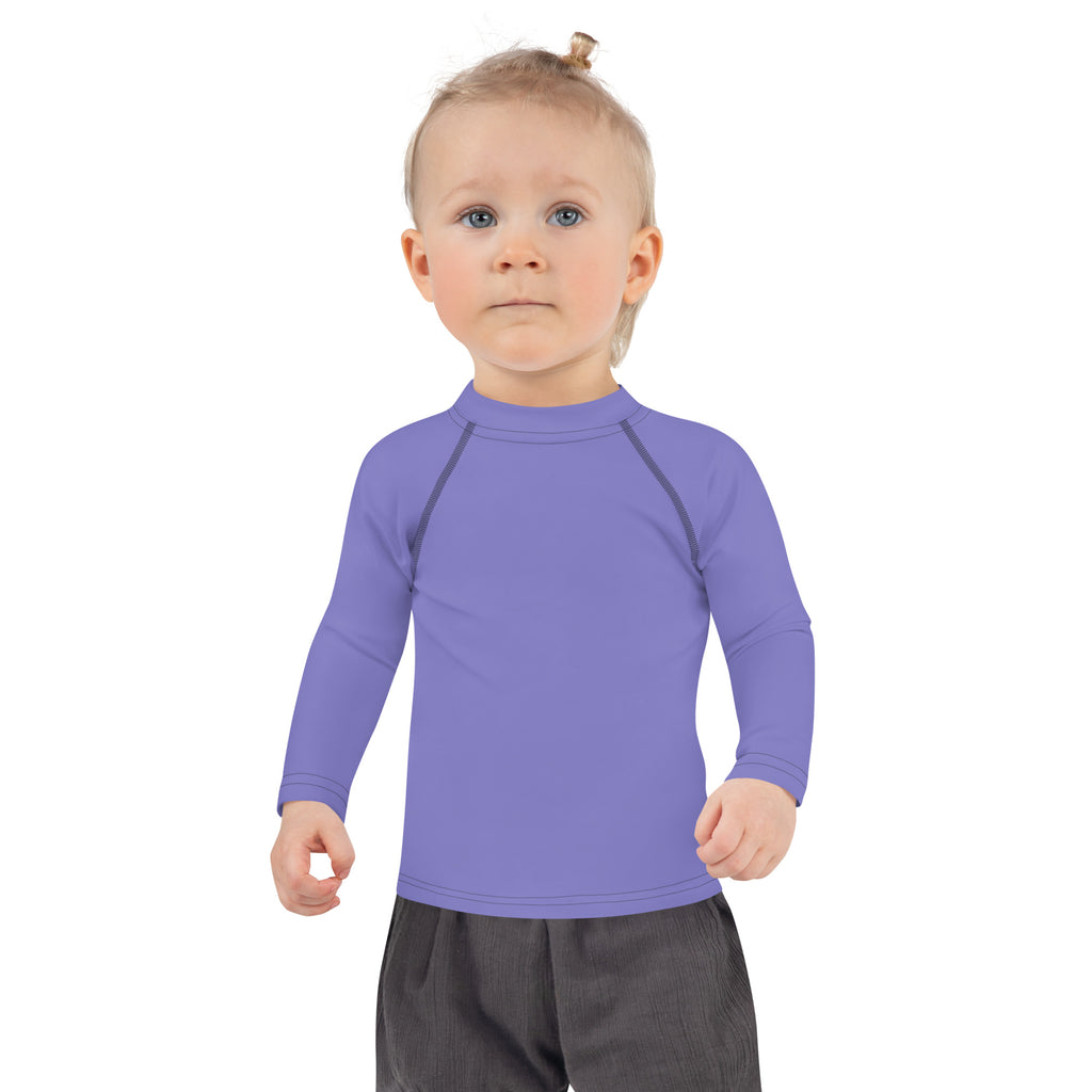 Girls purple long sleeve rash guard swim shirt with upf 50 and dark gray seam accents for sun protection