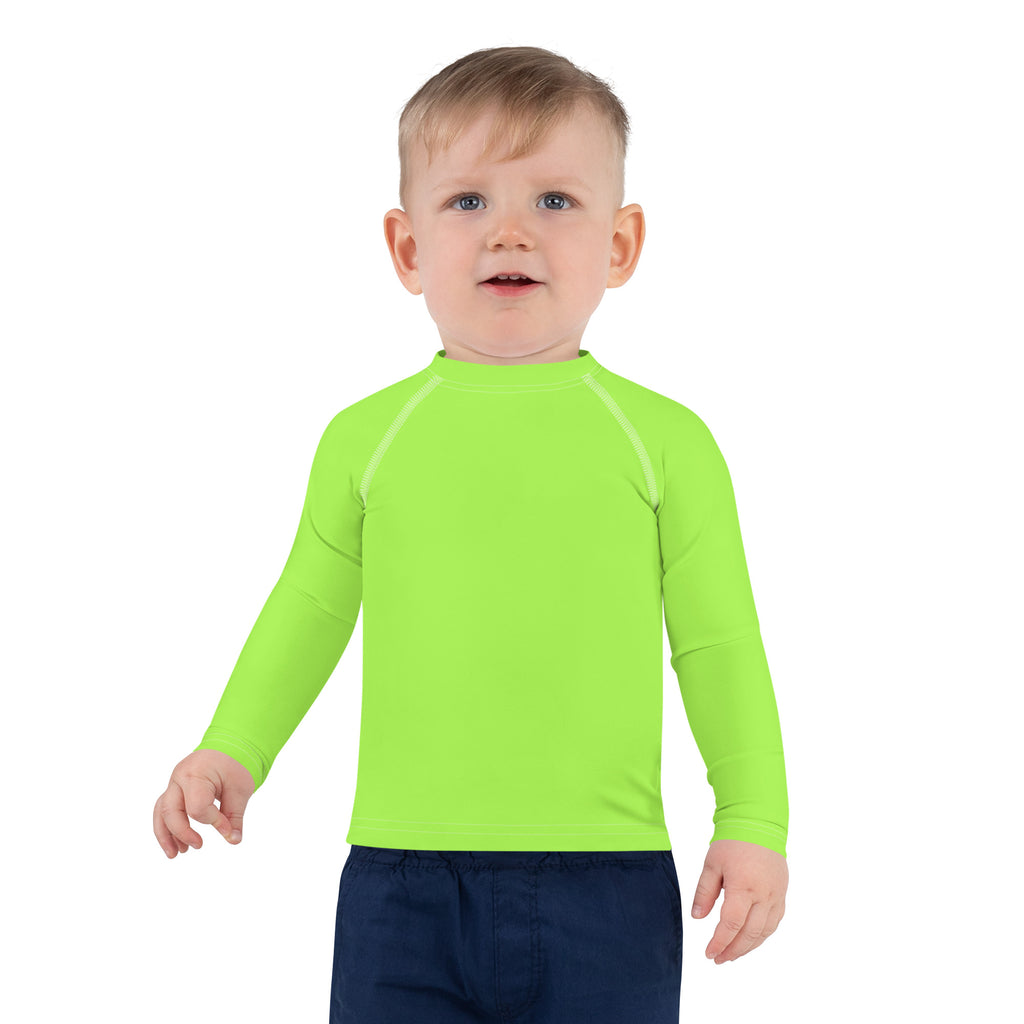 Kids lime green long sleeve rash guard swim shirt with raglan sleeves and UPF 50 plus for sun protection