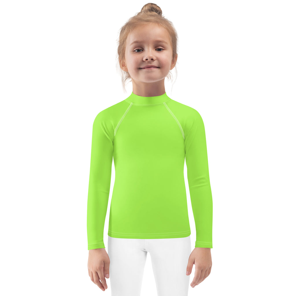 Kids lime green long sleeve rash guard swim shirt with upf 50 plus high collar and raglan sleeves
