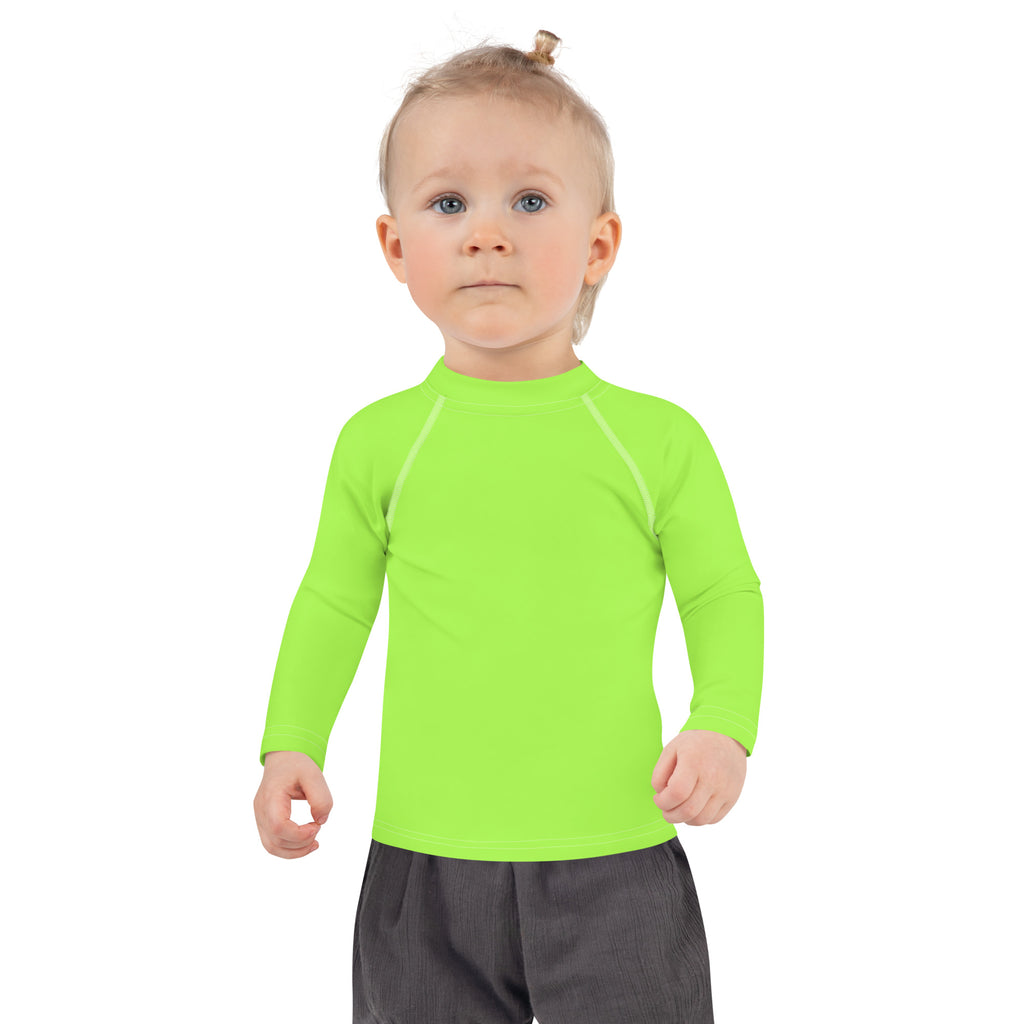 Kids lime green long sleeve rash guard swim shirt with upf 50 and subtle white seam detailing