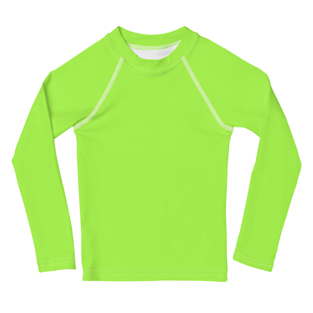 Kids lime green long sleeve rash guard swim shirt with white seams and UPF 50 plus sun protection for swimming