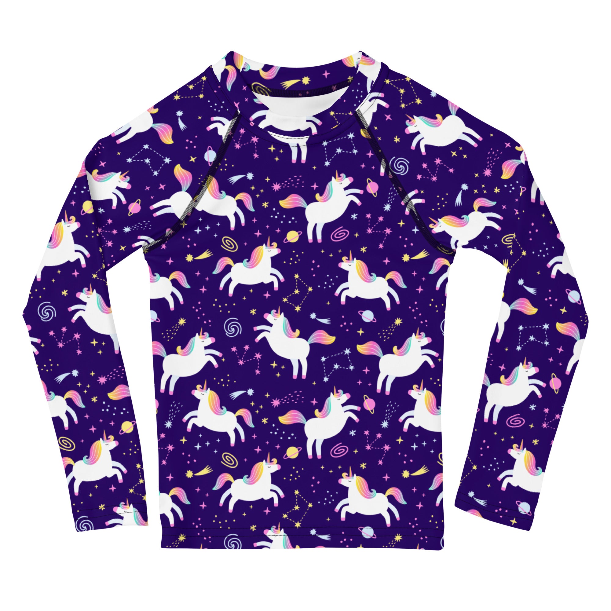 Girls Space Unicorn Long Sleeve Rash Guard Swim Shirt With UPF 50+