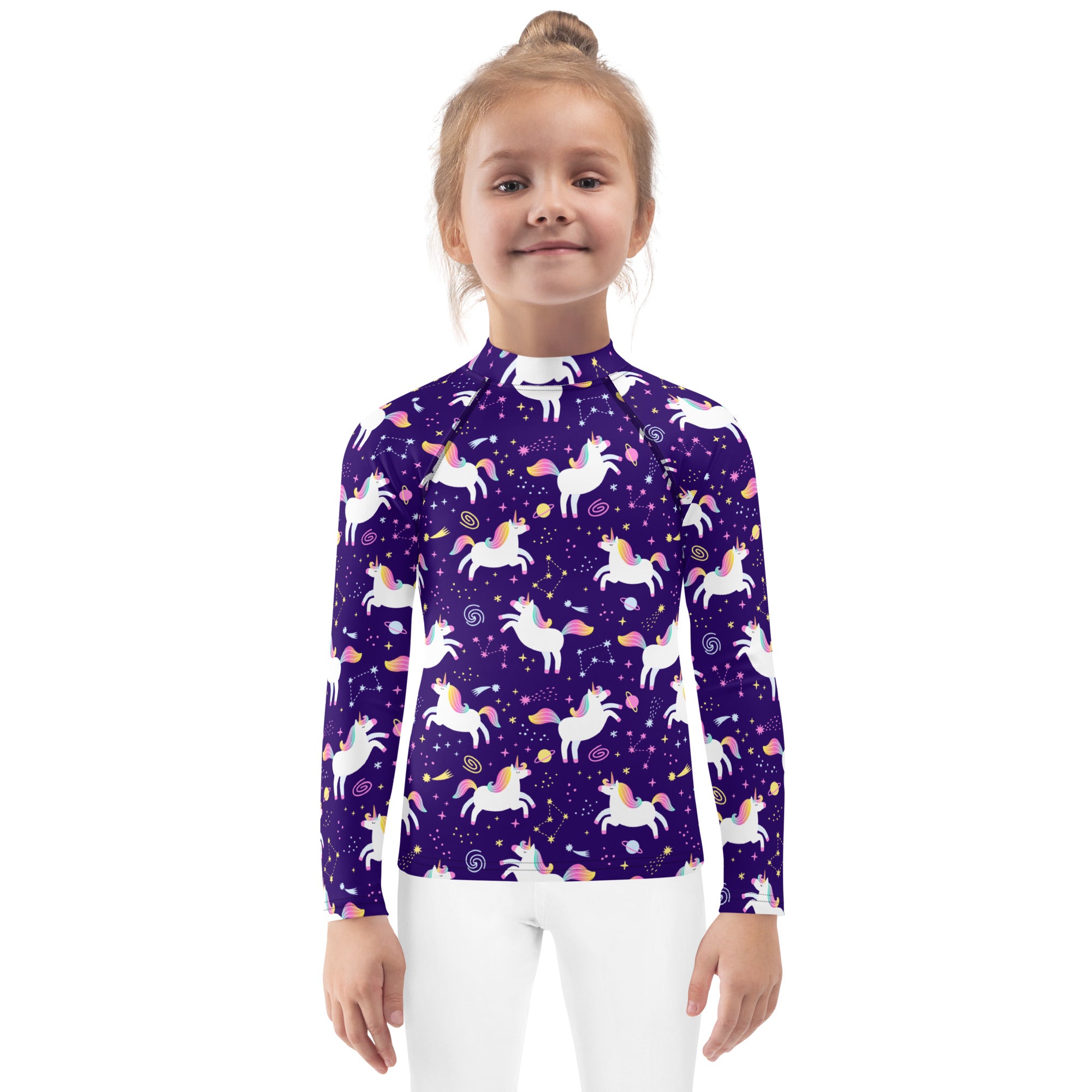 Girls Space Unicorn Long Sleeve Rash Guard Swim Shirt With UPF 50+