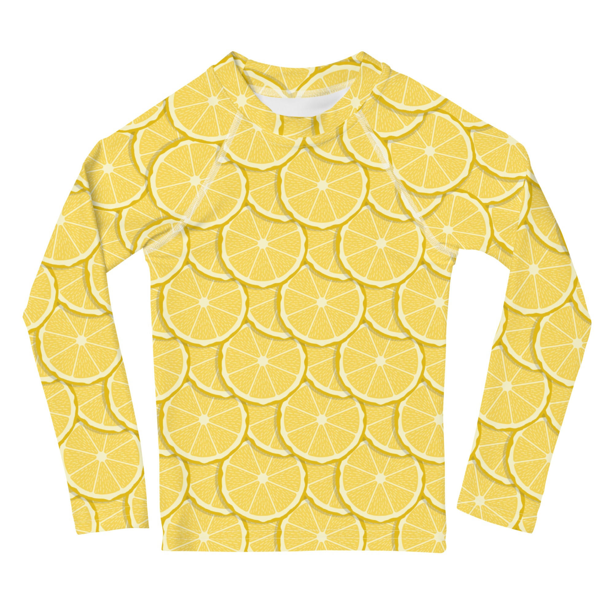 Kids yellow long sleeve rash guard with sliced lemon pattern and UPF 50 plus sun protection for swimming